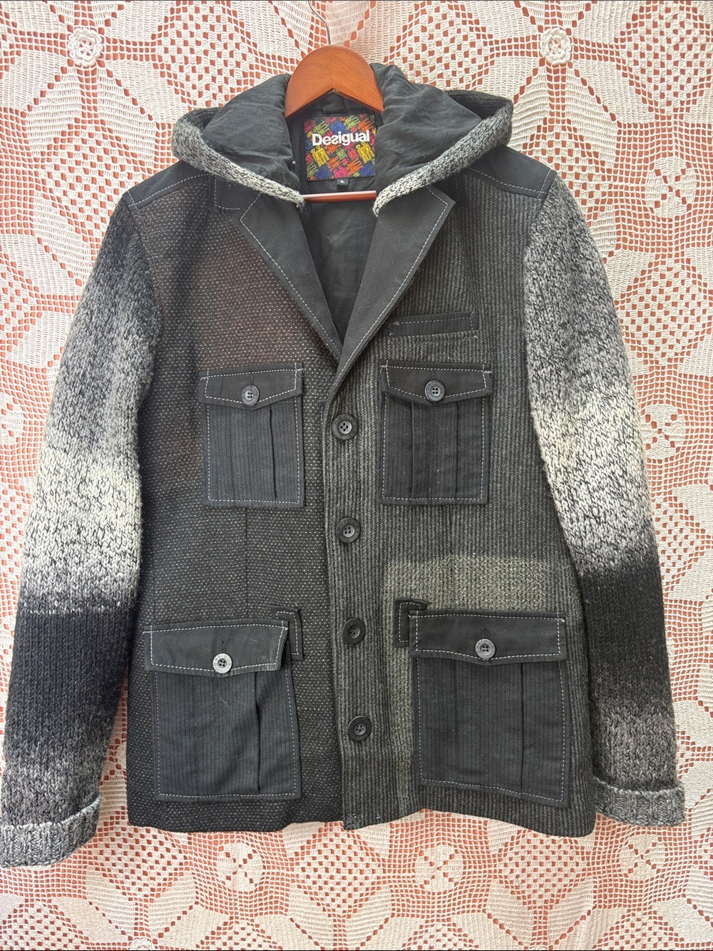 Desigual Men’s XL Patchwork Hooded Blazer Jacket Mixed Media